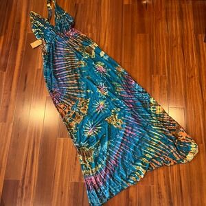 Tie Dye Maxi Dress Boho V-Neck Festival Kathmandu Imports Free Size Stretch New